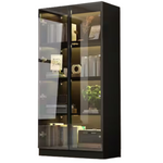 Black Wood Display Cabinet With Tempered Glass Doors & 3-Color LED Lights