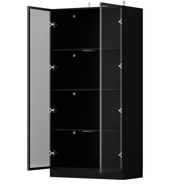 Black Wood Display Cabinet with Tempered Glass Doors & 3-Color LED Lights