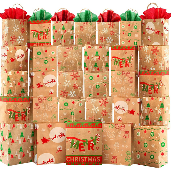 30-Pack of 7.5" x 9" x 3.5" Durable Christmas Gift Bags W/ Tissue Paper