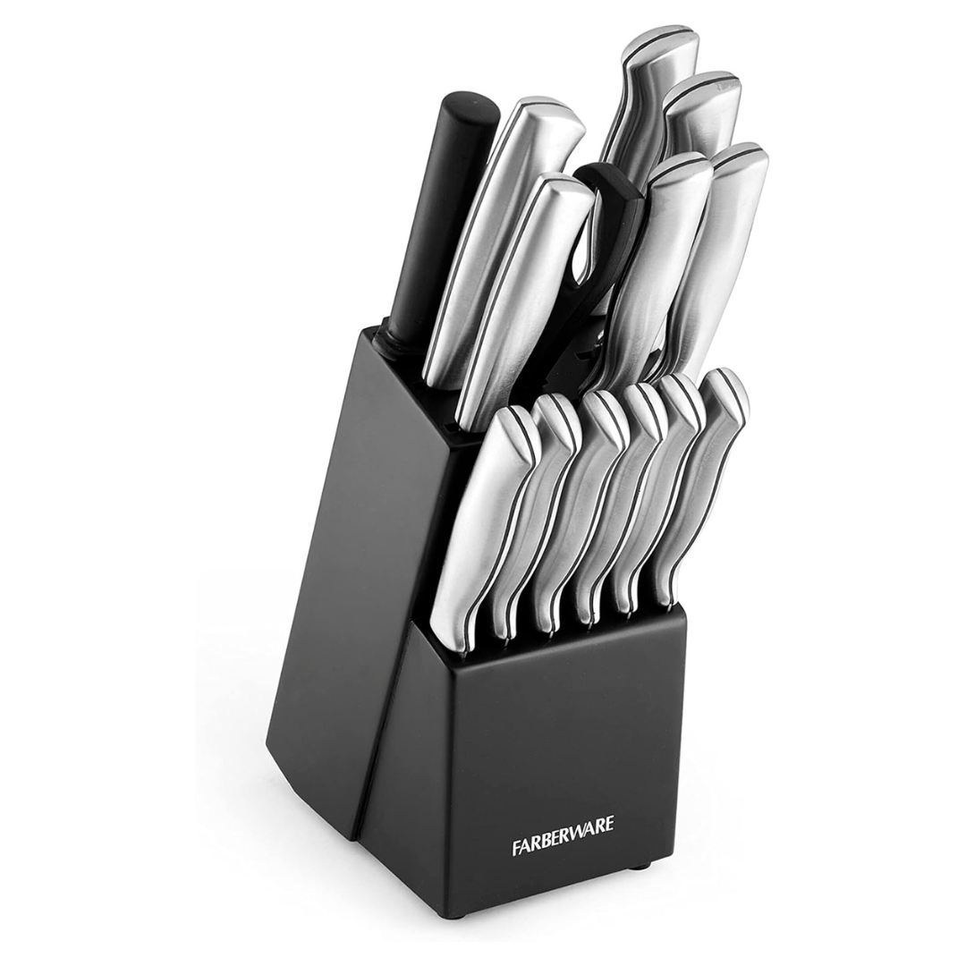 Farberware 15-Piece High-Carbon Stamped Stainless Steel Kitchen Knife Set With Wood Block