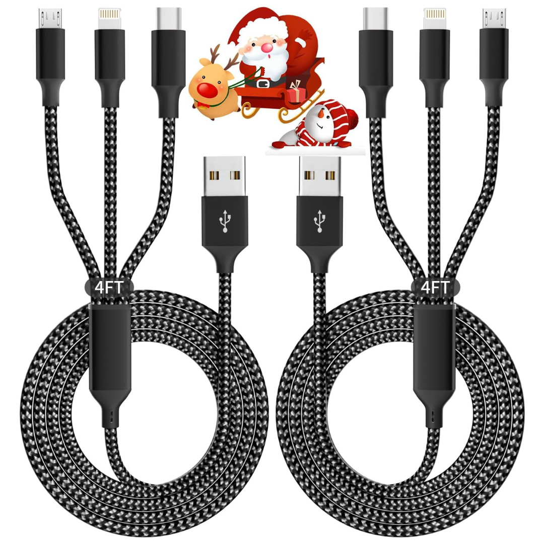 2-Pack 4Ft 3-In-1 Multiple USB Braided Charging Cable