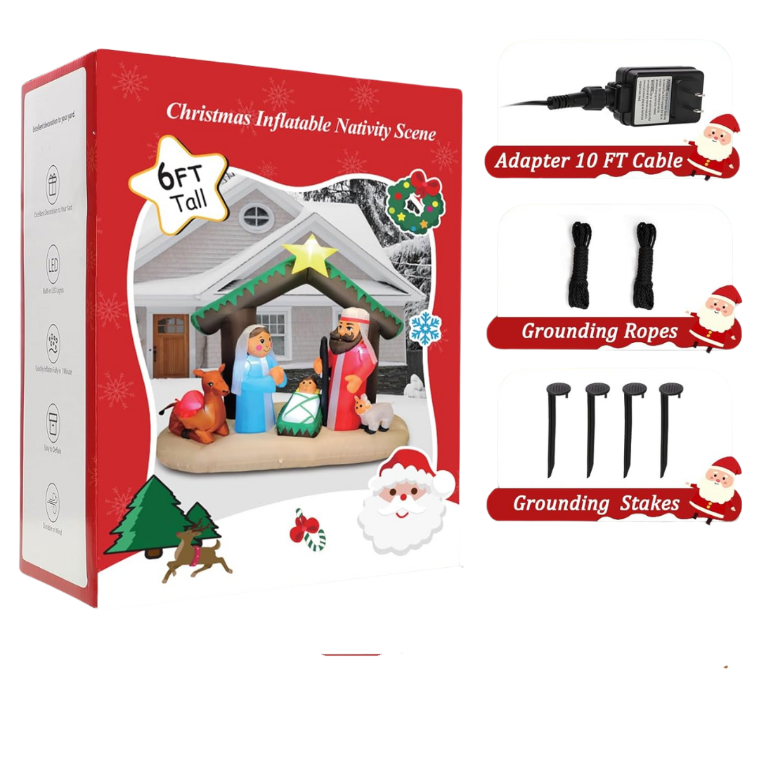 FunFanso 6ft Christmas Inflatable Nativity Scene With LED Lights