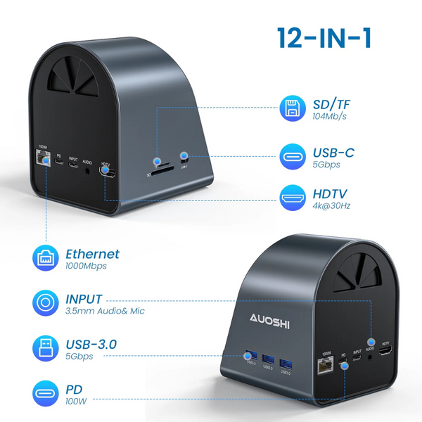 UOSHI 12-in-1 USB-C 100W PD 4k 30Hz Monitor Docking Station