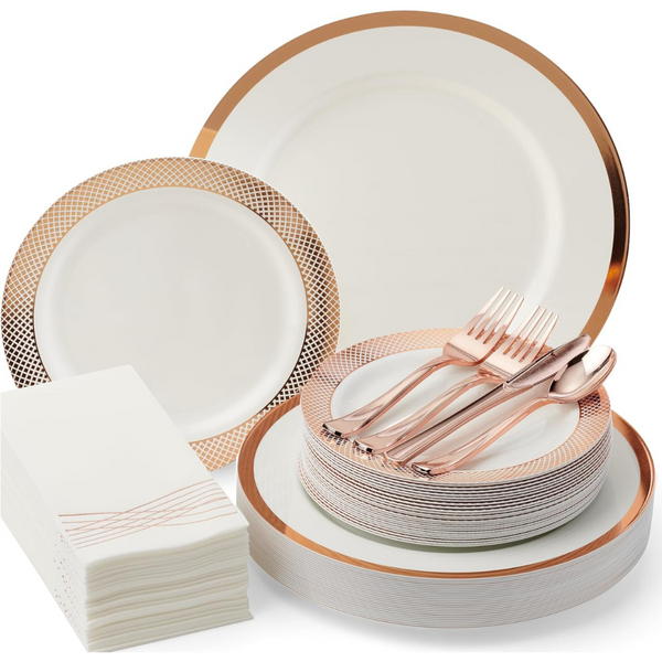 175-Pieces Heavy Weight Rose Gold Disposable Dinnerware Set For 25 Guests