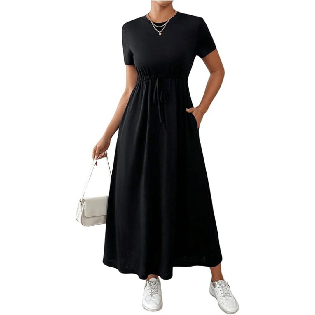 Women's Short Sleeve Crew Neck Flowy Swing Midi Dress