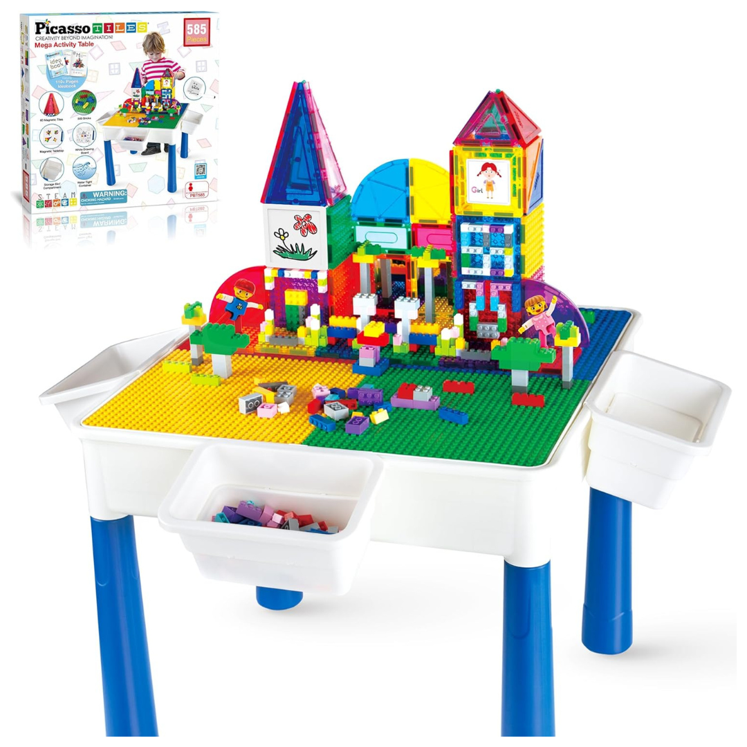 PicassoTiles 585 Pc Kids Activity Table with Magnetic Tiles And Bricks, Storage Bins And Extra Add-On Toys