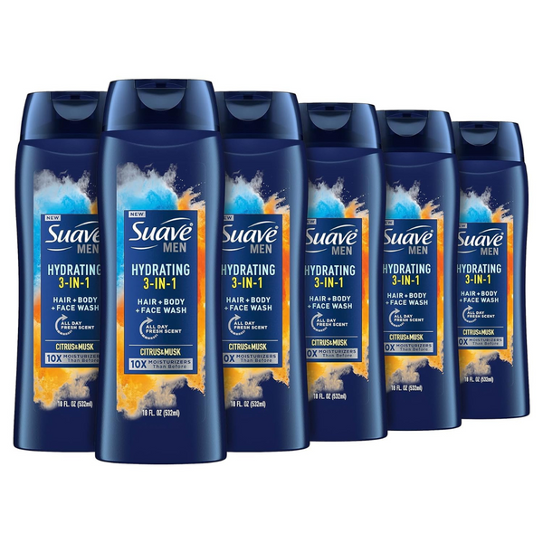 6-Pack Suave Men's 3-In-1 Moisturizing Body Face & Hair Wash, 18 Oz