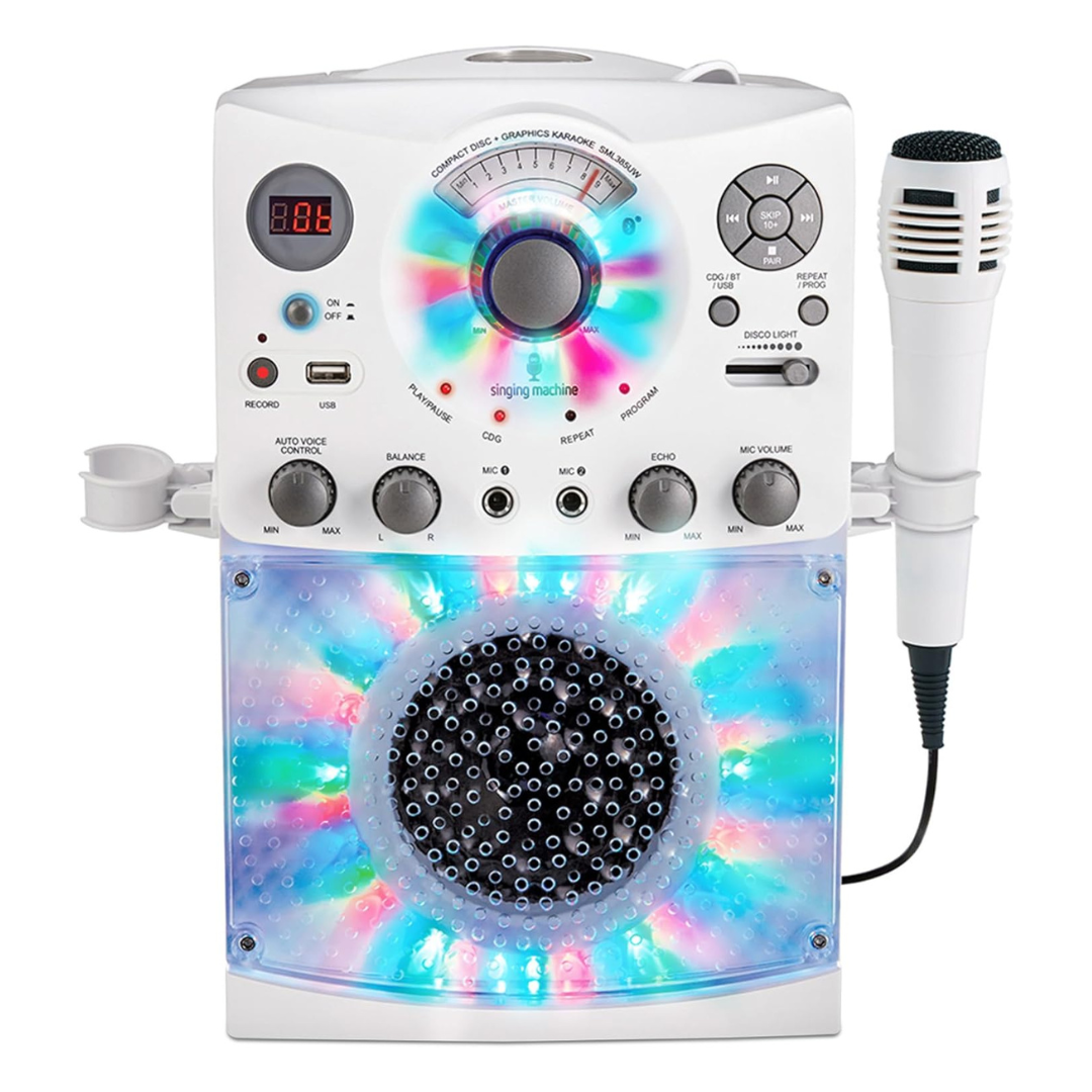 Singing Machine Portable Karaoke Machine For Adults & Kids With Wired Microphone, Built-In Speaker, Bluetooth With LED Disco Lights, CD+G Player & USB Connectivity