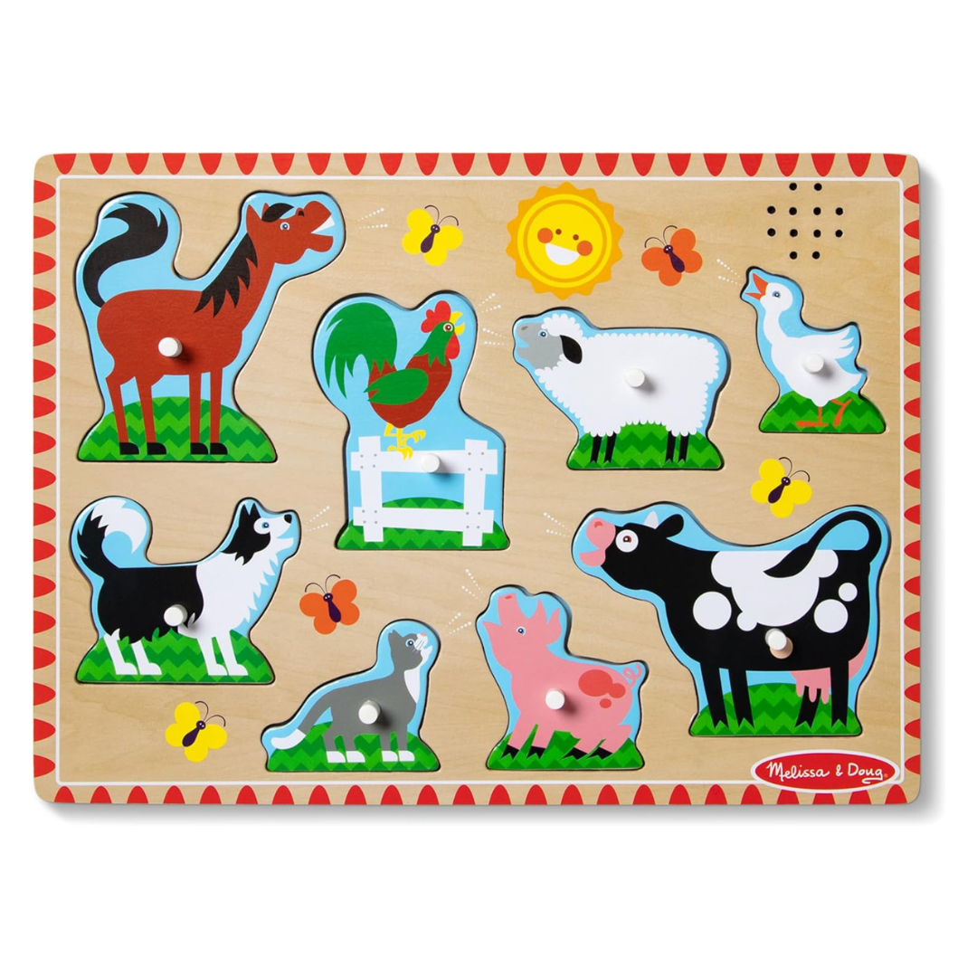 Melissa & Doug Farm Animals Sound Puzzle – Wooden Peg Puzzle With Sound Effects (8 Pcs)