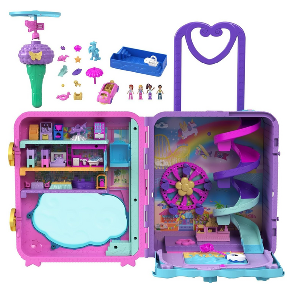 Polly Pocket Pollyville Playset, Resort Rollaway Suitcase, Large Travel Toy With 4 Dolls, Car, 25+ Accessories & Storage