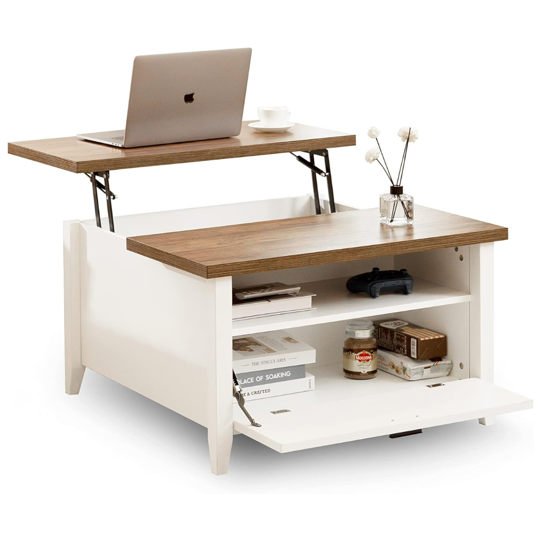 Evajoy Ergonomic Lift Top Coffee Table With Hidden Compartment (White)