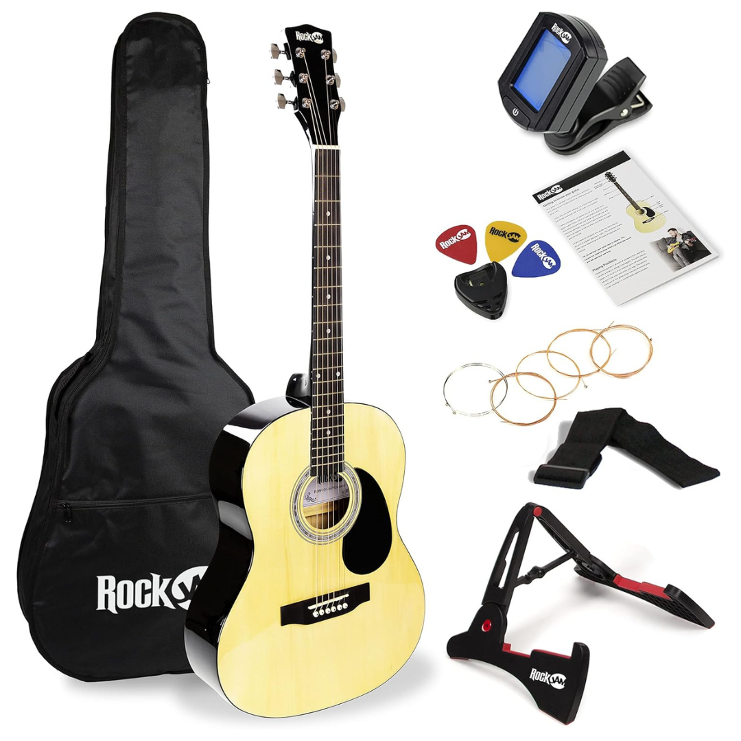 RockJam Acoustic Guitar Superkit Includes Stand, Gig Bag, Tuner, Picks, Plectrum Holder, Spare Strings & Online Lessons 6 Pack