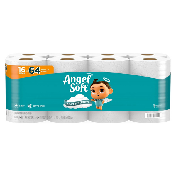 16 Mega Rolls Of Angel Soft 2-Ply Toilet Paper Bath Tissue