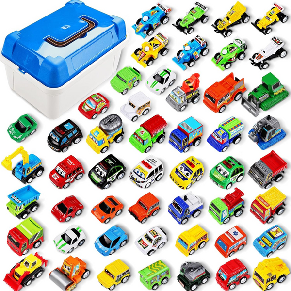 50-Piece MindPal Pull Back Toy Cars with Large Plastic Organizer