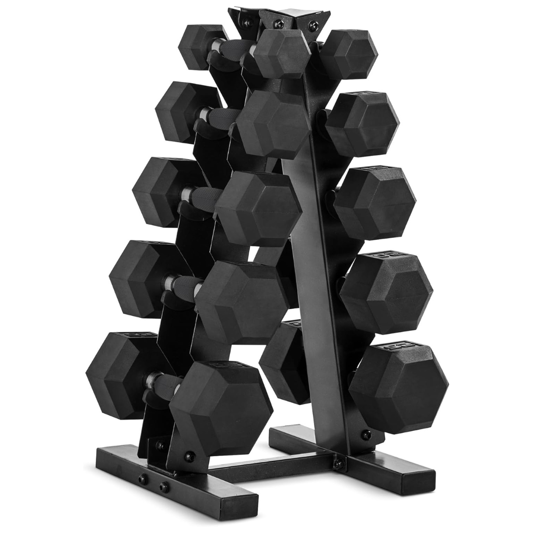 Cap Barbell 150 LB Coated Hex Dumbbell Set With Vertical Rack