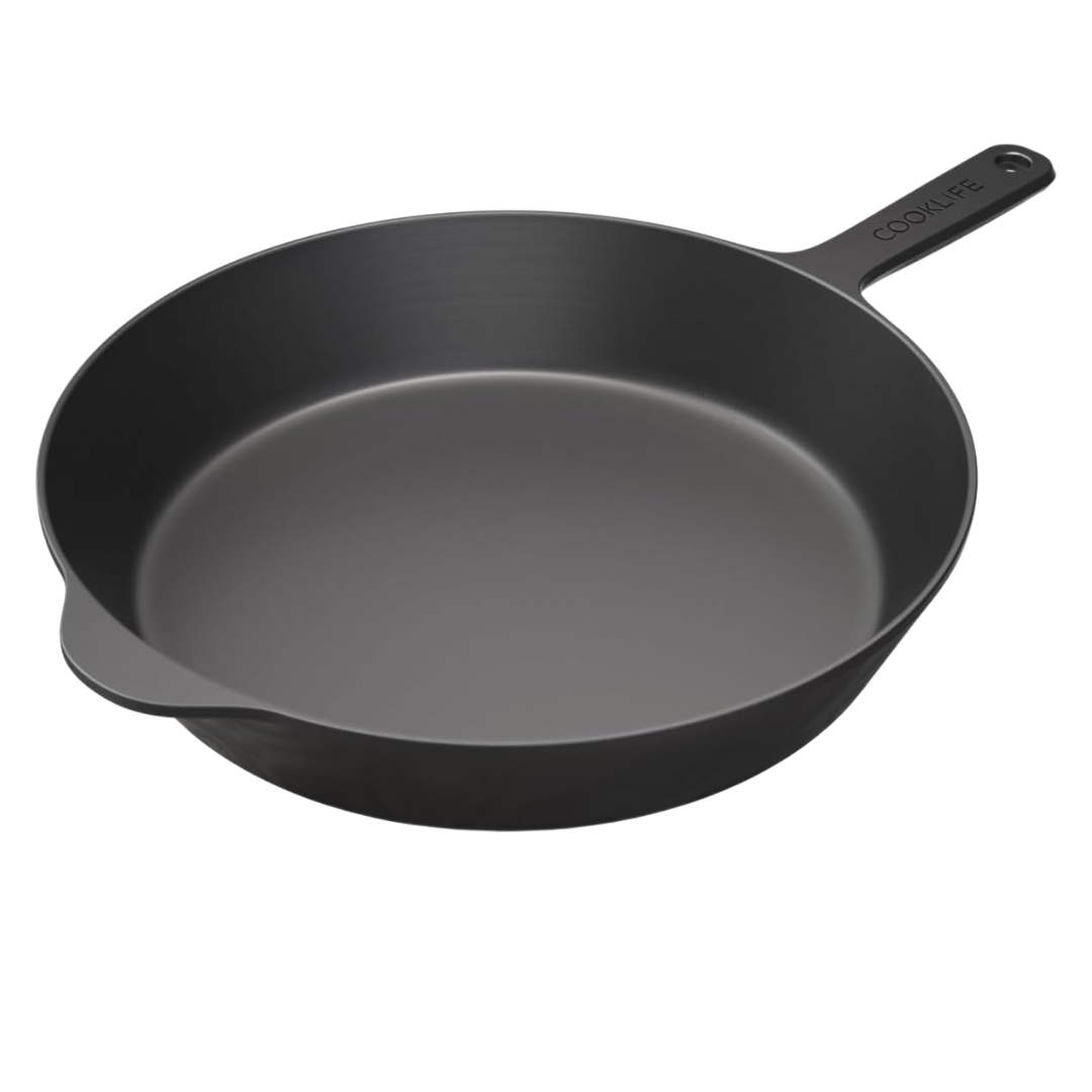 COOKLIFE 12" Smooth Cast Iron Skillet With Wooden Spatula