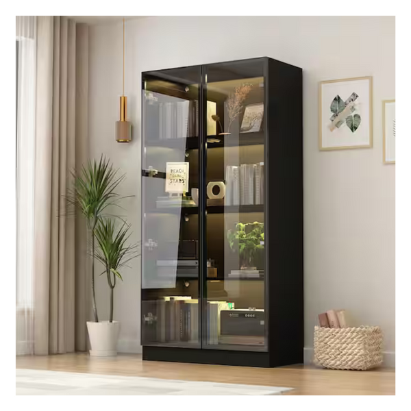 Black Wood Display Cabinet With Tempered Glass Doors & 3-Color LED Lights