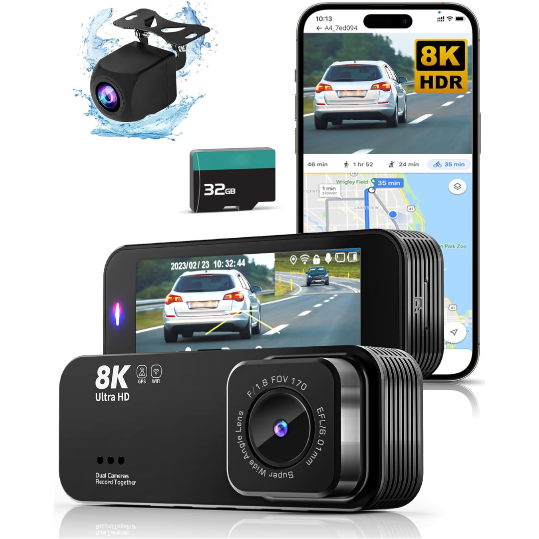 8K Ultra HD Wi-Fi & GPS Front and Rear Dash Camera with 32GB Card