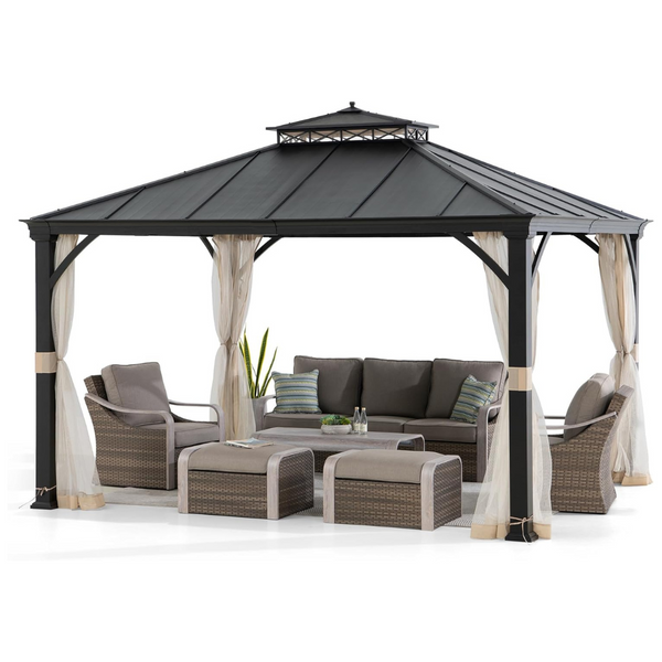 Sunjoy Hardtop Gazebo 11 x 13 Ft. Outdoor Patio Black Metal Gazebo