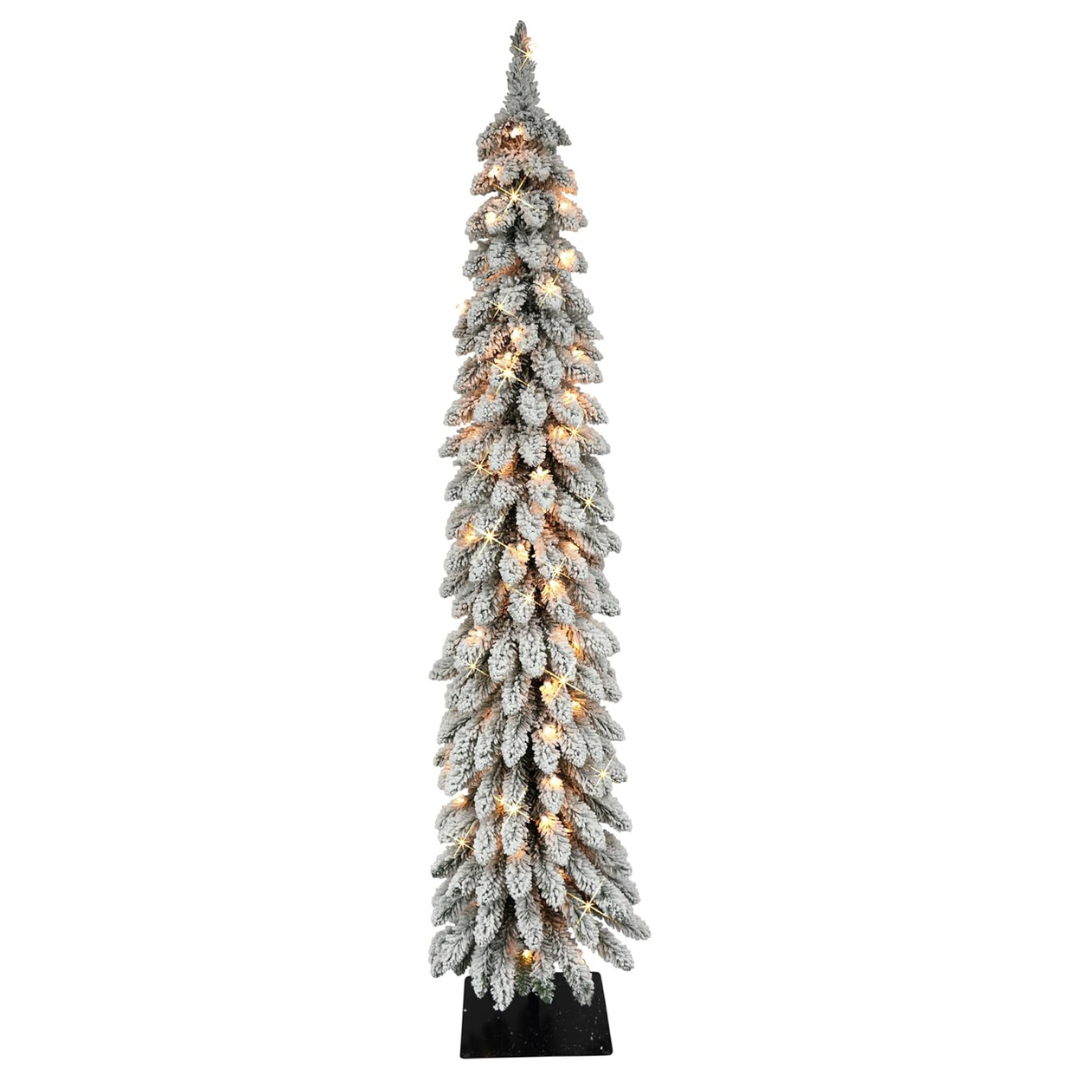 Puleo International Pre-Lit 6' Flocked Alpine Pencil Artificial Christmas Tree