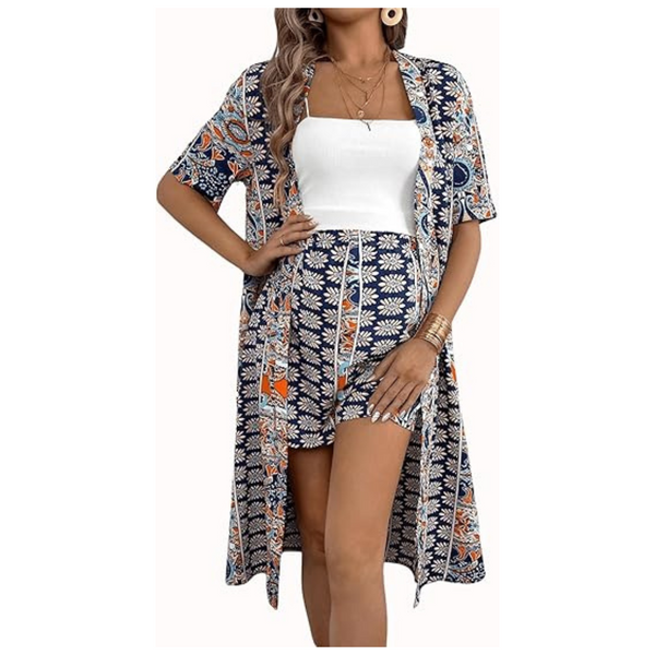 Women's Maternity Kimono Top & Adjustable Waist Shorts Outfits