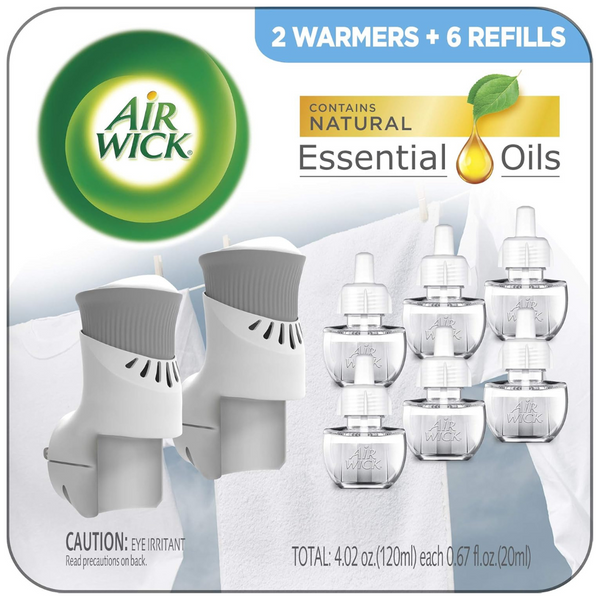 Air Wick Plug in Scented Oil Starter Kit (2 Warmers + 6 Refills, Fresh Linen)