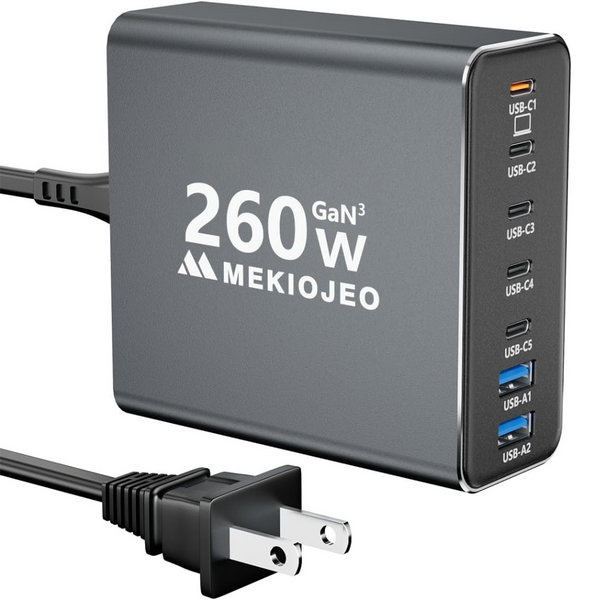 Mekiojeo Aluminum Alloy 7-Ports 260W GaN Fast USB-C Charging Station