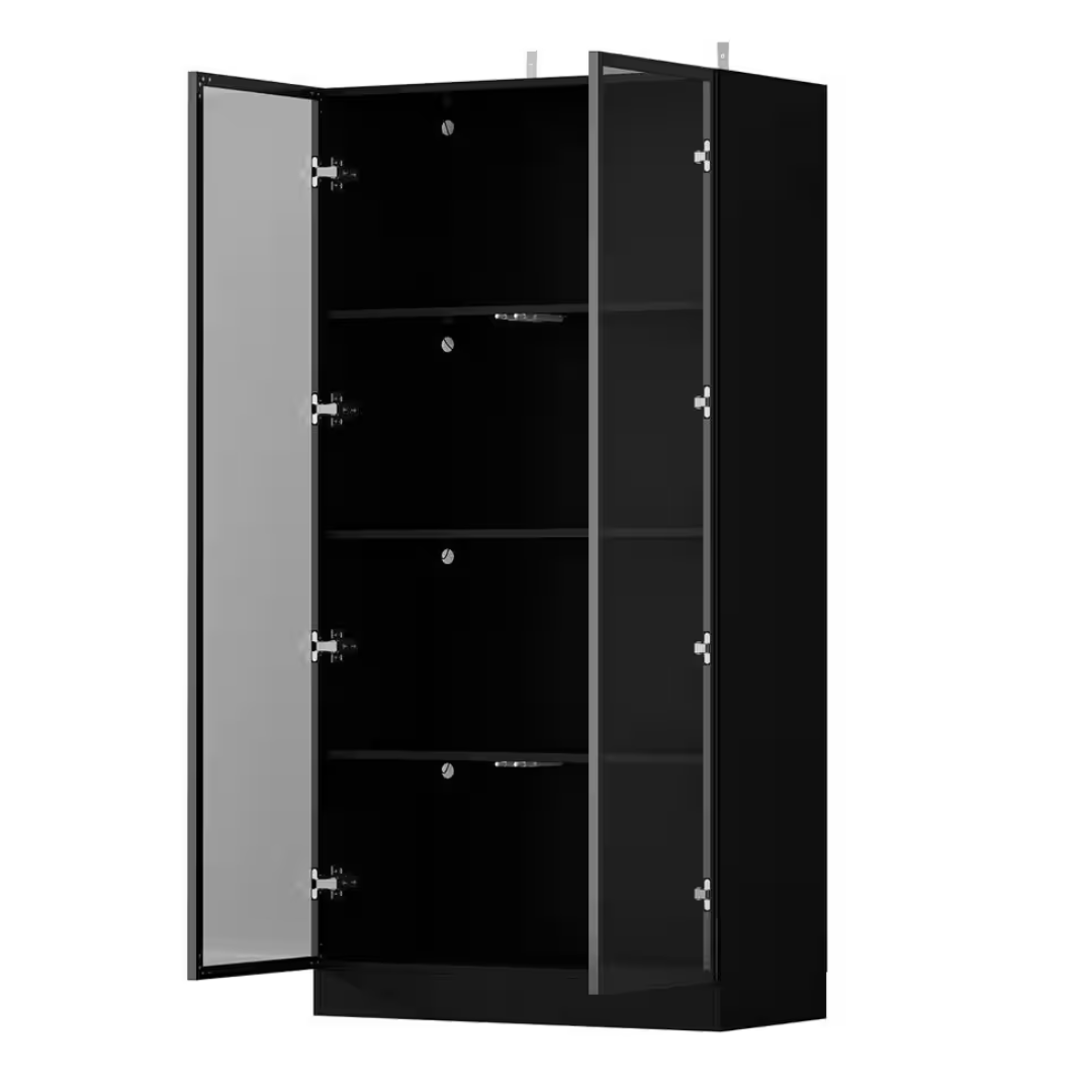 Black Wood Display Cabinet With Tempered Glass Doors & 3-Color LED Lights