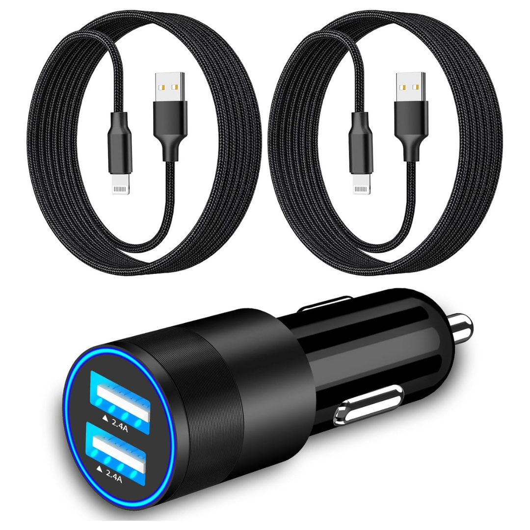 2-Pack Dual USB Power Rapid Car Charge Adapter + 2-Pack Lightning Cable