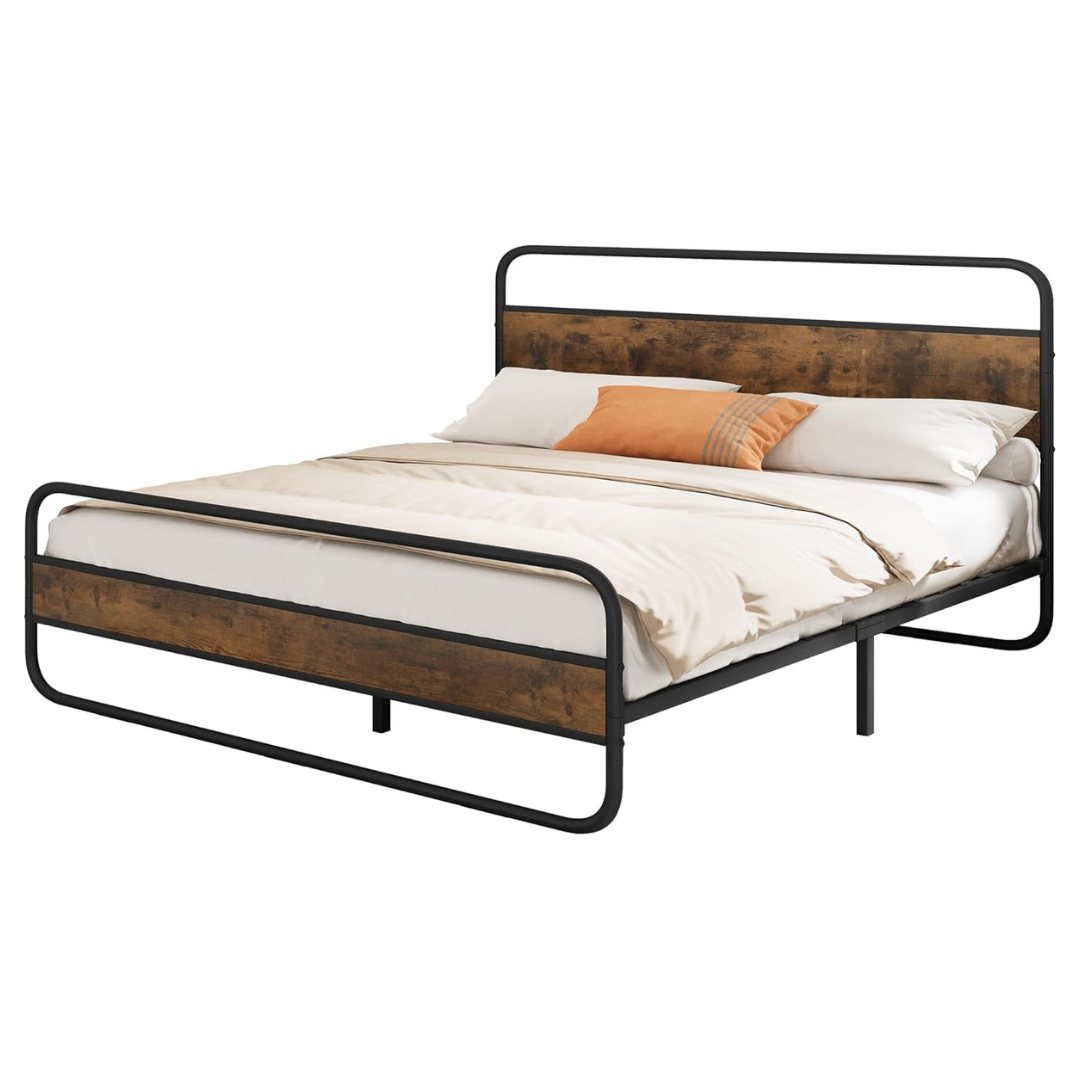 King Metal Platform Bed Frame With Wooden Headboard & Footboard