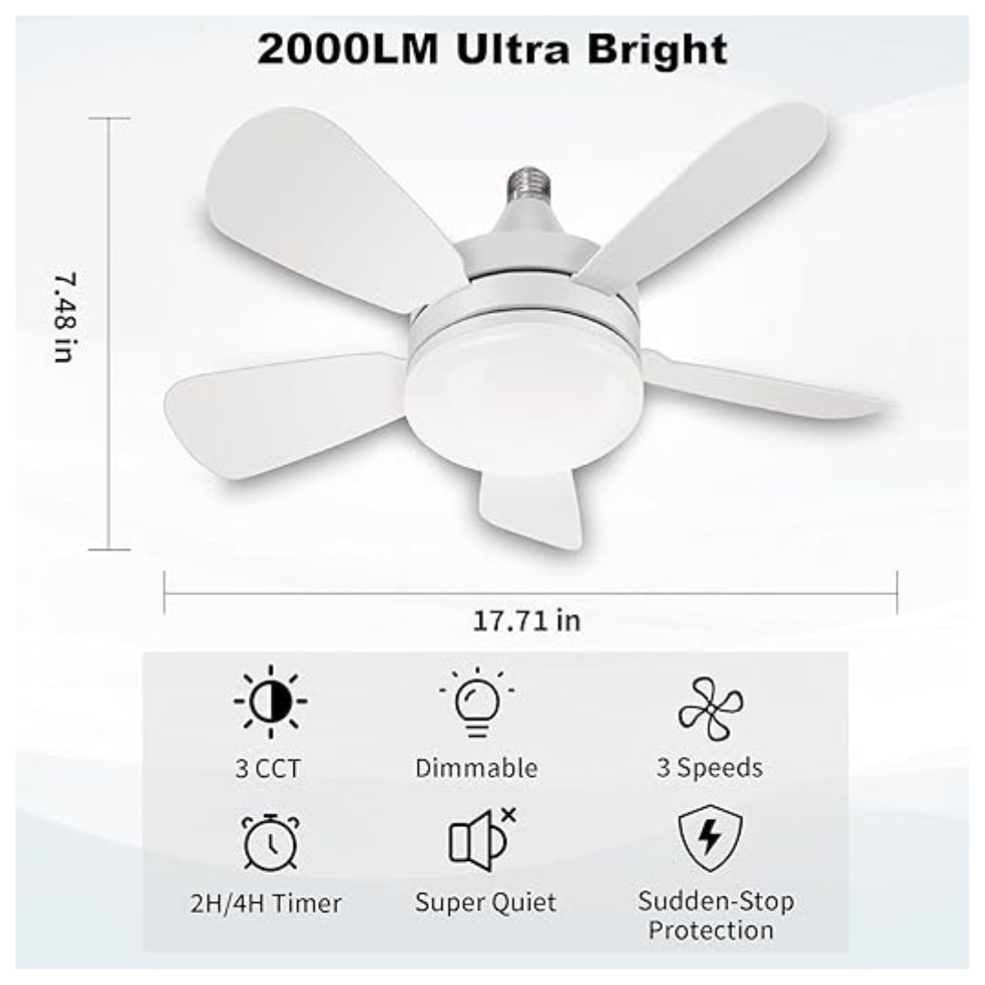 17.7" Screw-In Socket Ceiling Fan With Light