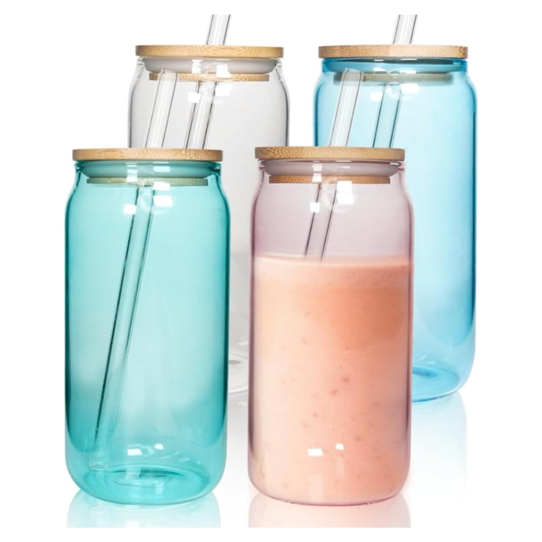 4-Pack 18oz Color Glass Cups With Reusable Bamboo Lids And Straws