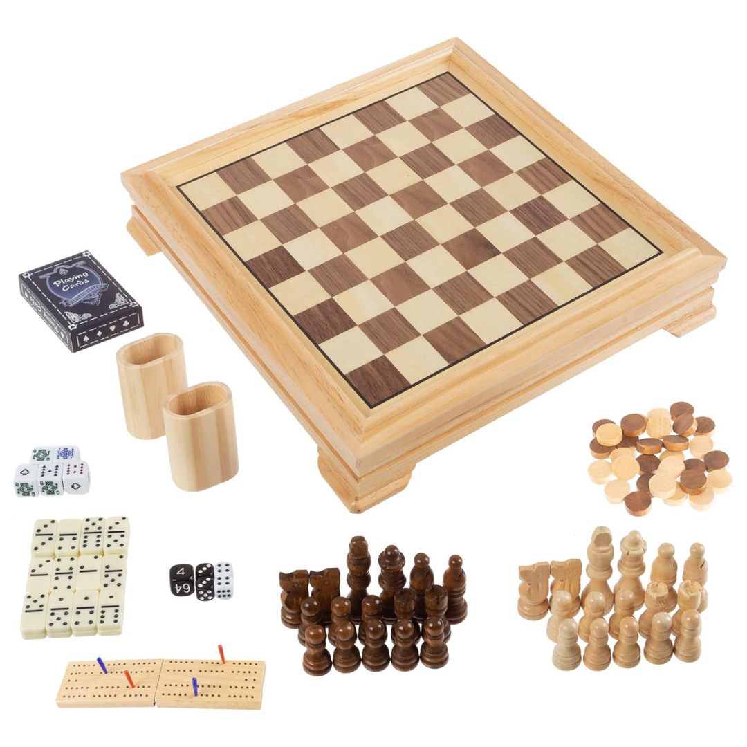 Deluxe 7-In-1 Classic Wooden Board Game Set - Chess, Checkers & More