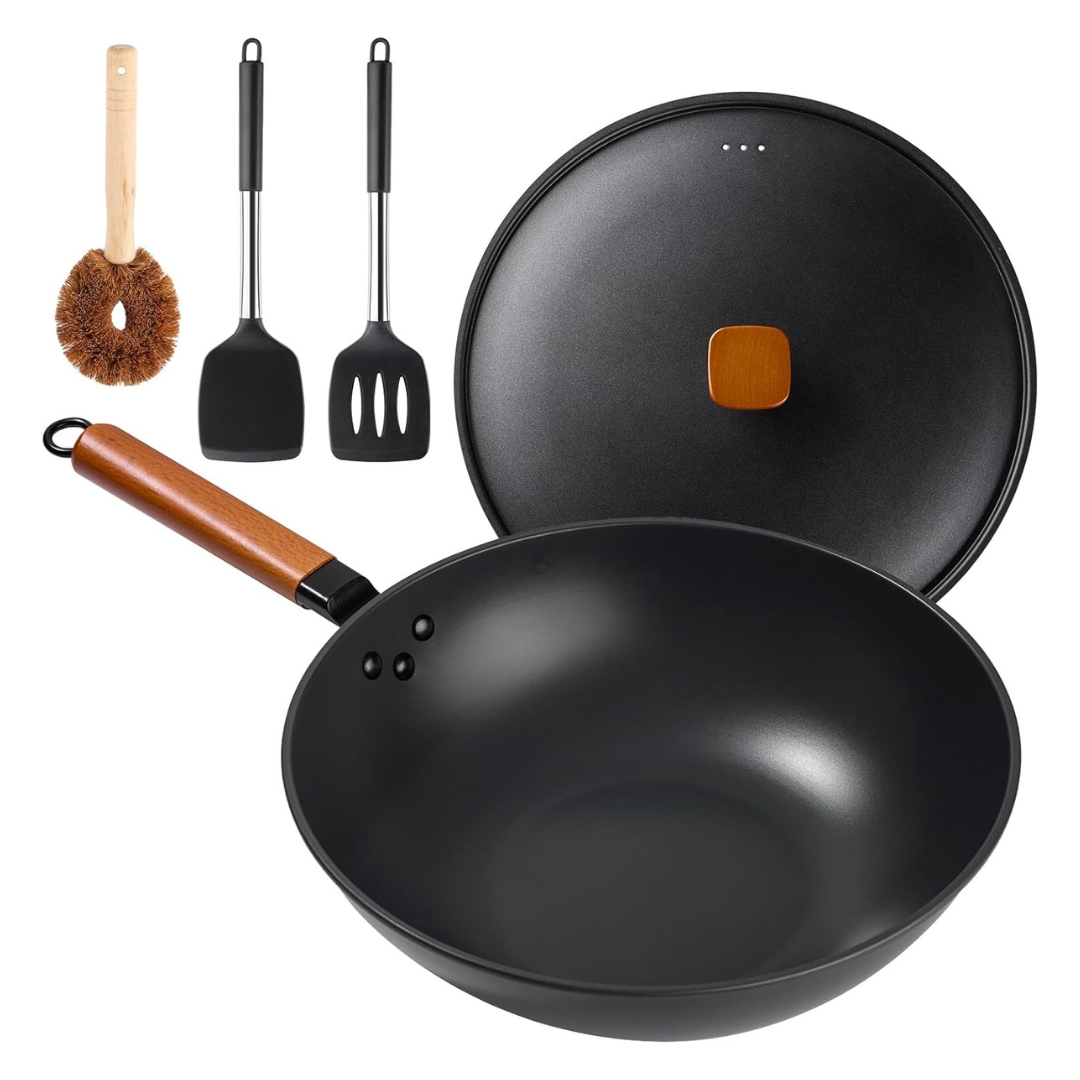 Carbon Steel 13" Nonstick Wok & Stir-Fry Pans Set With Lid