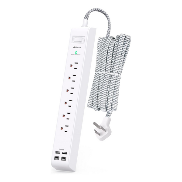 6 AC Outlets Flat Surge Protector Power Strip W/ 10ft Extension Cord