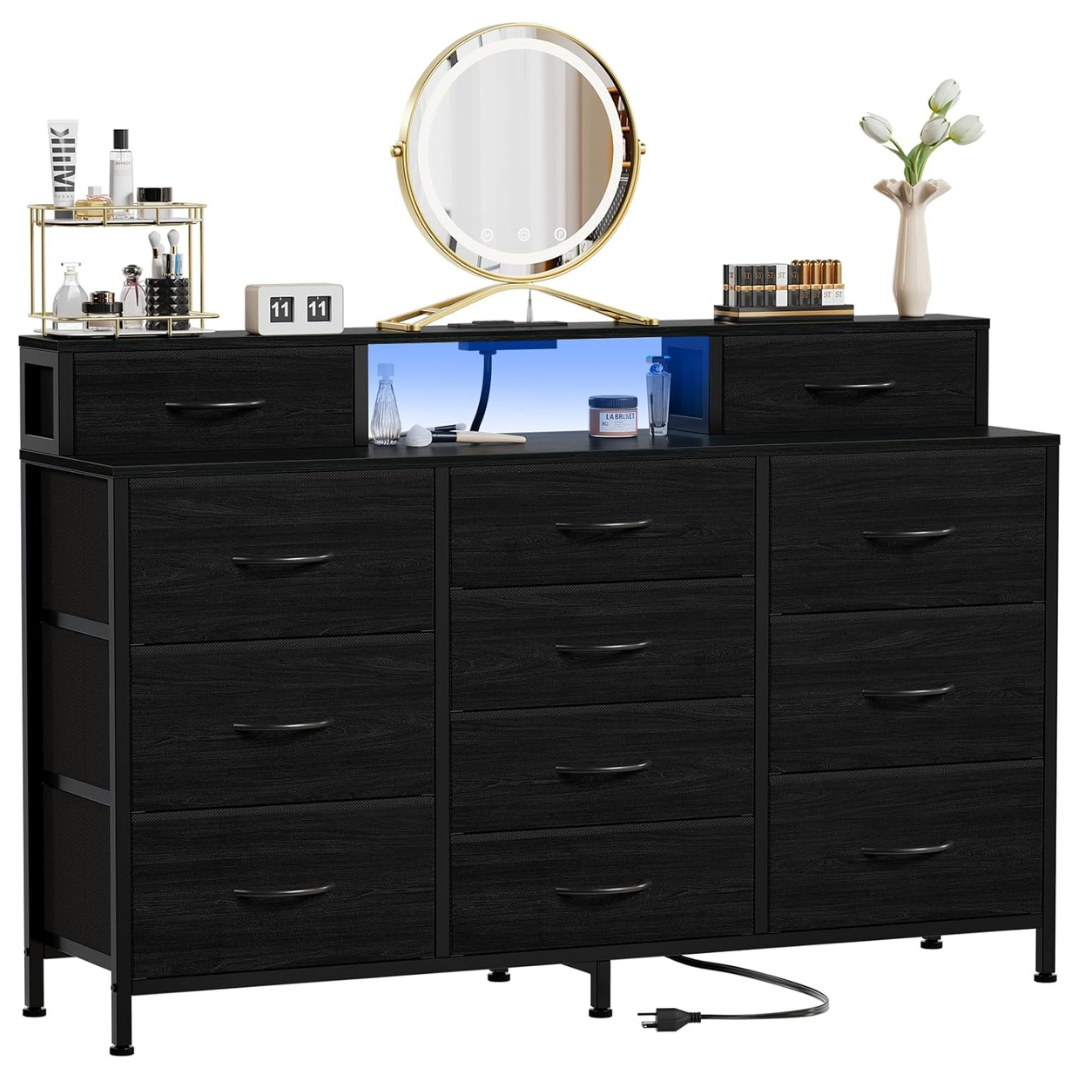 Black Dresser with LED Lights and Power Outlets