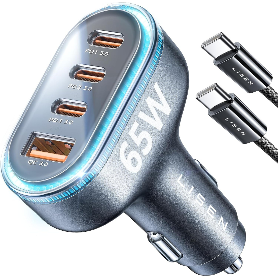 LISEN 101W 4-Port USB-C & USB-A Car Charger with Cable