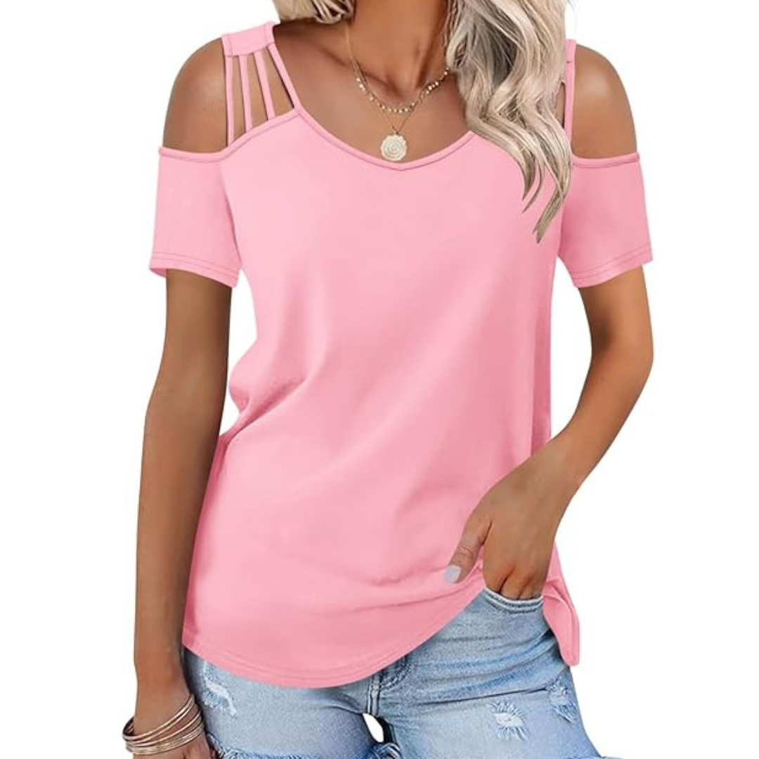 Women's V Neck Cold Shoulder Short Sleeve Tops