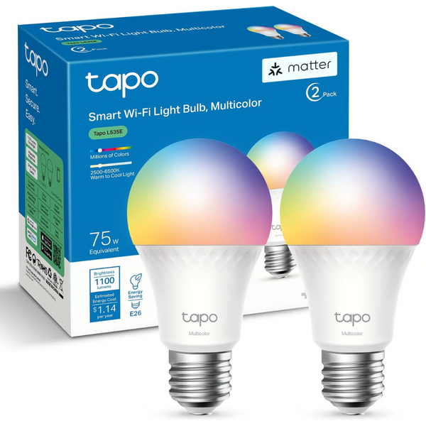 2-Pack TP-Link Tapo A19 E26 RGBW Dimmable Smart WiFi Light Bulb