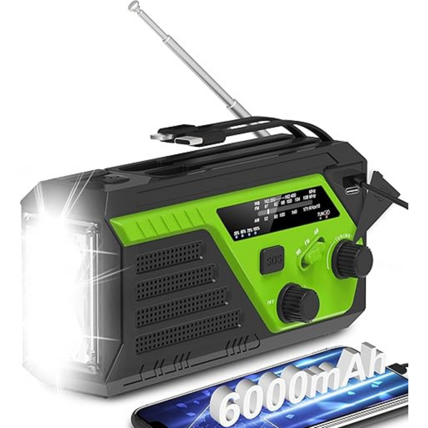 Hand Crank 6000mAh Weather Radio With Charger, SOS Alarm & Flashlight