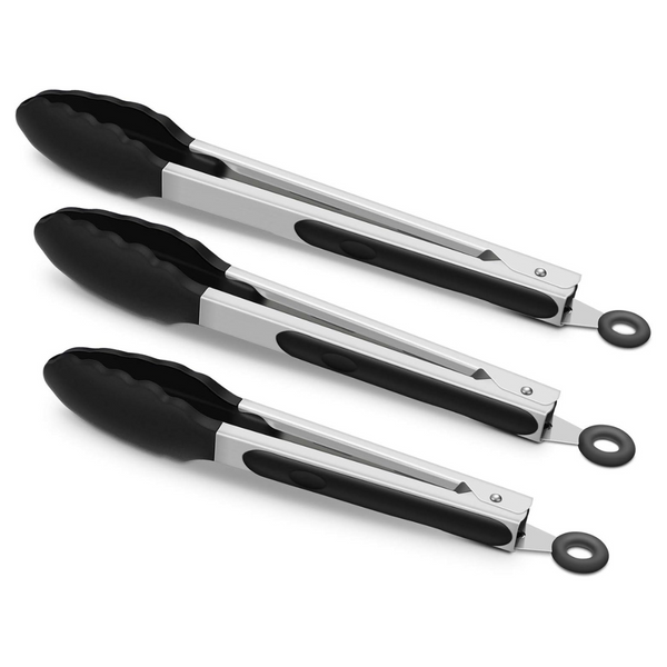 3-Pack Non-Stick Stainless Steel Black Kitchen Tongs (9",10" & 12",5 Colors)