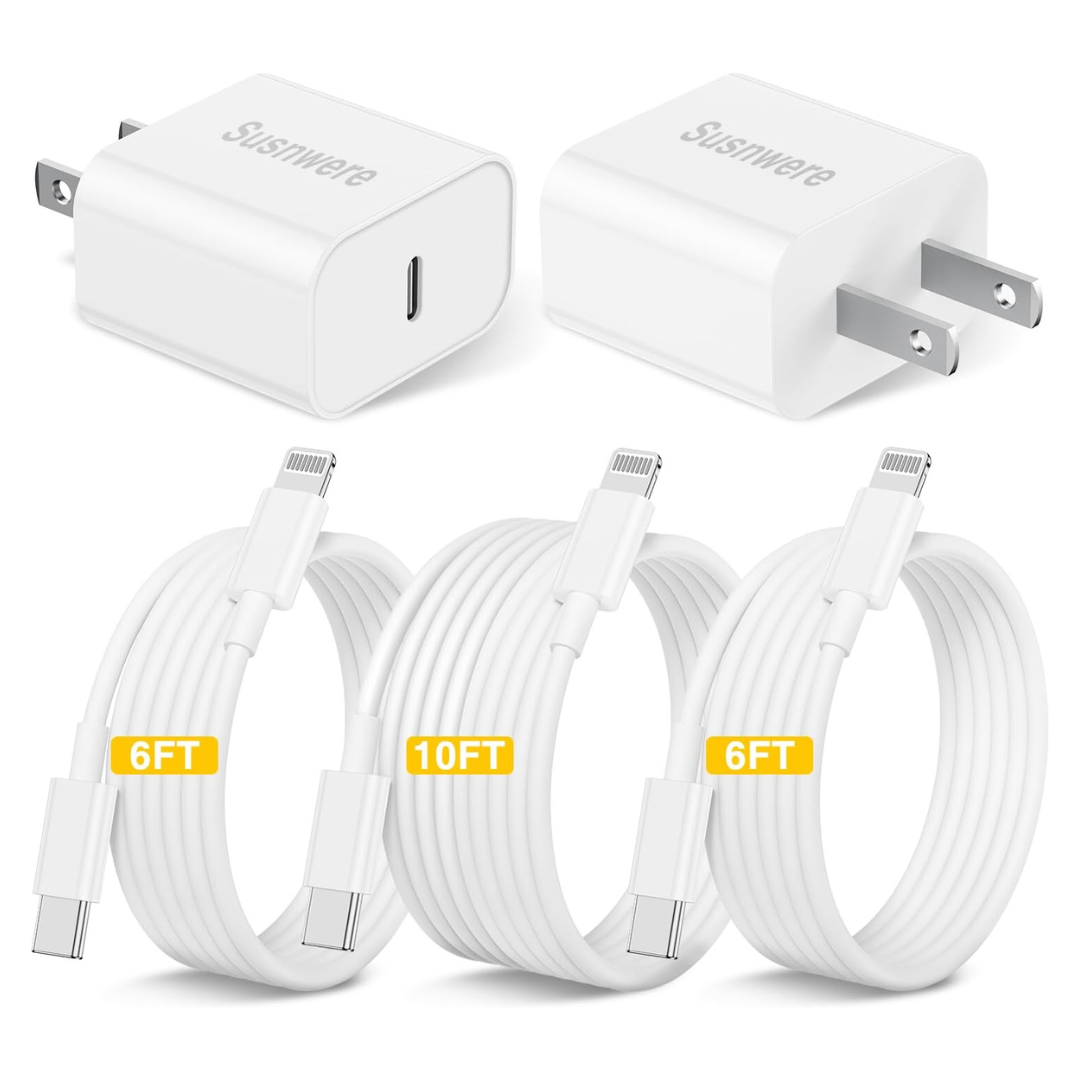 2-Pack 20w Fast PD USB-C Wall Charger Adapter With 3-Pack 6ft Cable