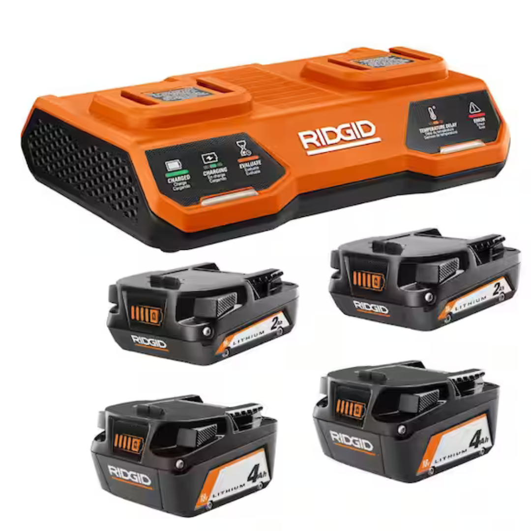 RIDGID 18-Volt Dual Port Simultaneous Charger W 2.0 Ah & 4.0 Ah Batteries