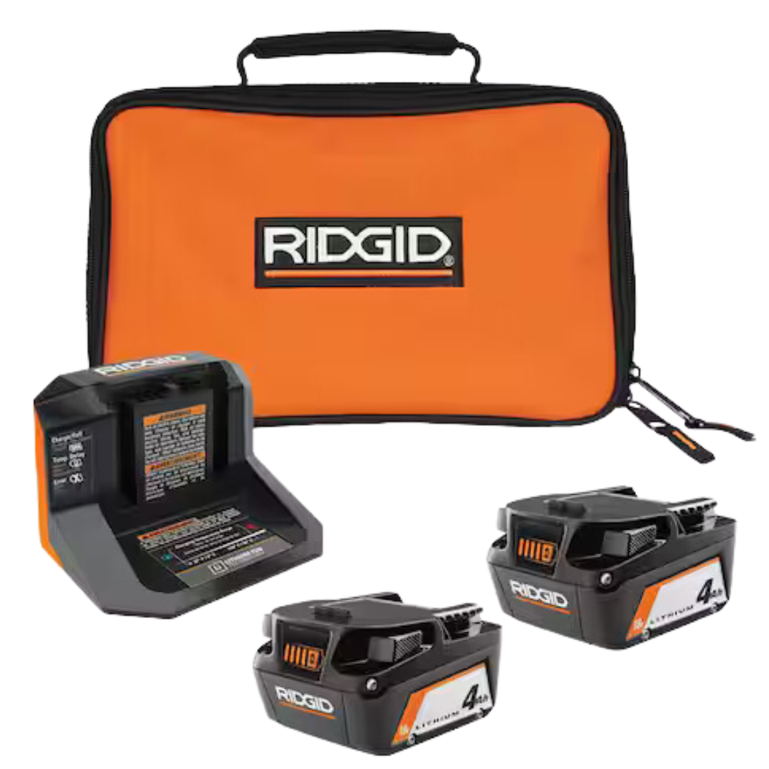 Ridgid 18-Volt Lithium-Ion (2) 4.0 Ah Battery Starter Kit W/ Charger And Bag