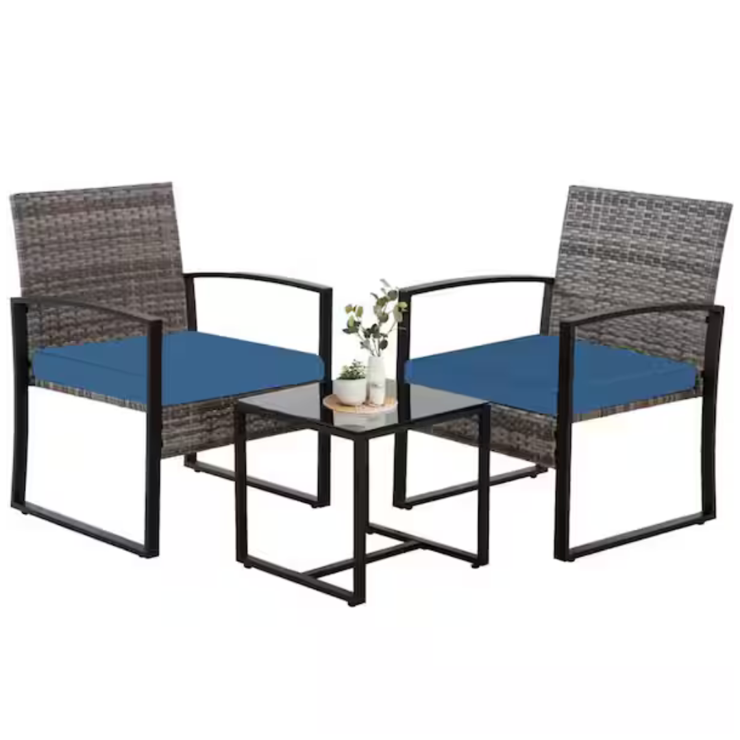 3-Piece MIRAFIT Wicker Outdoor Dining Set With Washed Blue Cushion