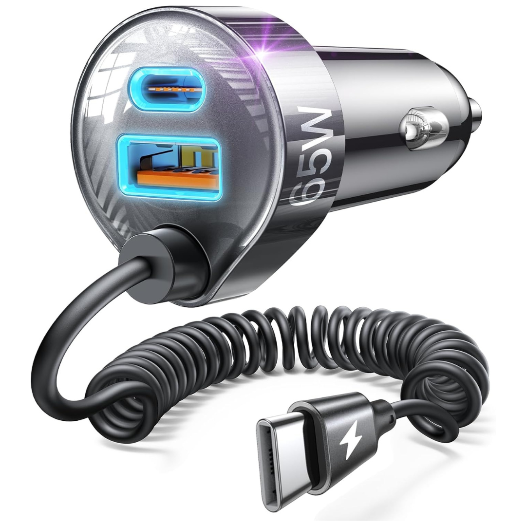 LISEN 65W USB-C Fast Car Charger with 5ft Coiled USB-C Cable