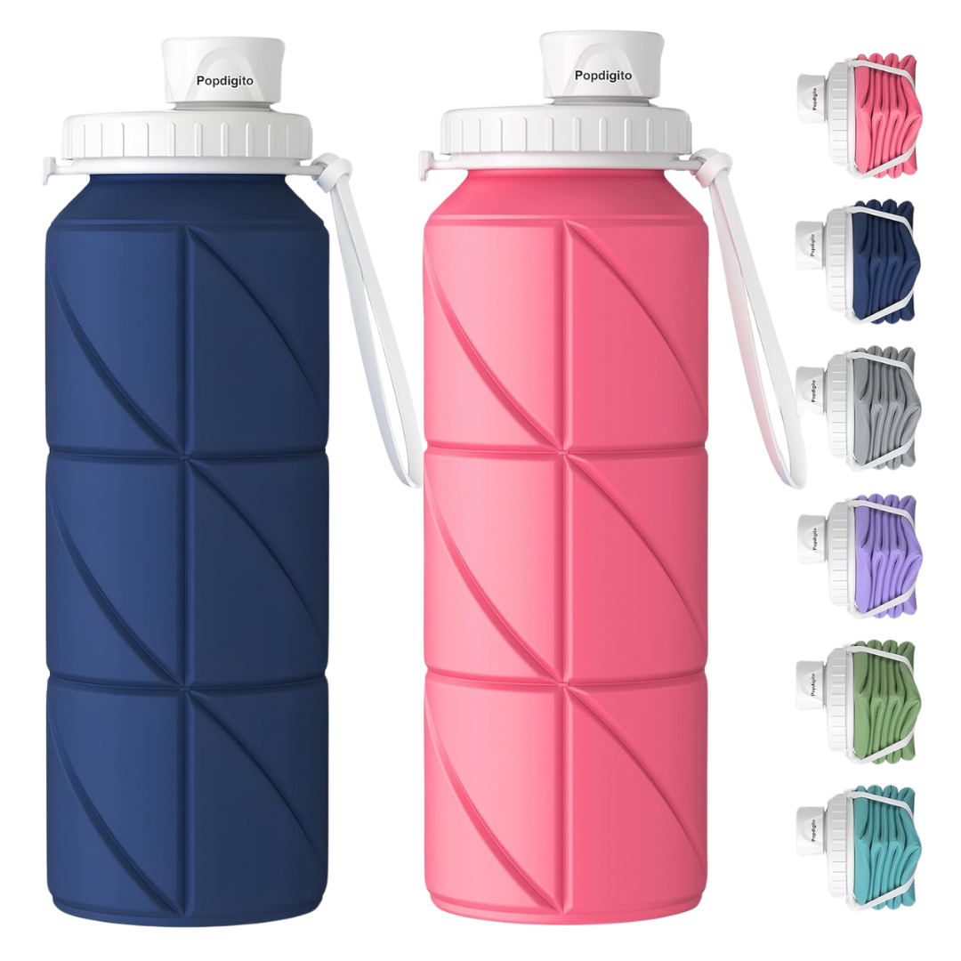 2-Piece Foldable Silicone Collapsible Water Bottle, 23 Oz