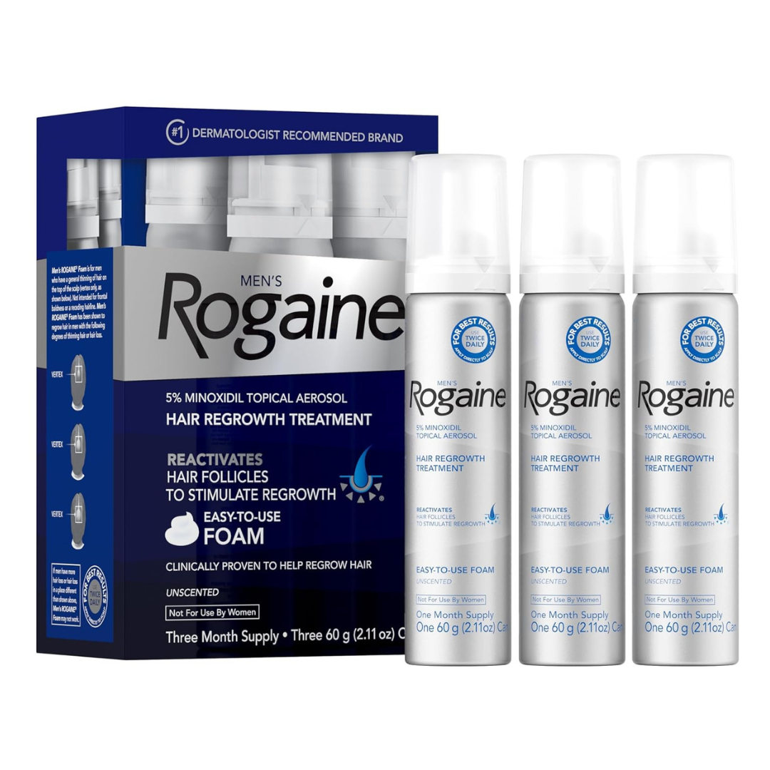 Men’s Rogaine 5% Minoxidil Foam For Hair Loss And Hair Regrowth, 3-Month Supply, 2.11 Ounce, 3 Count