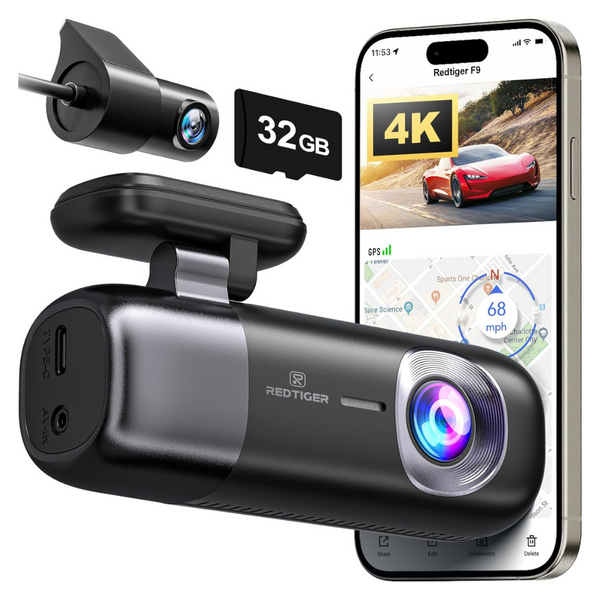 Redtiger F9 4K Front And Rear 1080P Dash Camera With 32GB Card