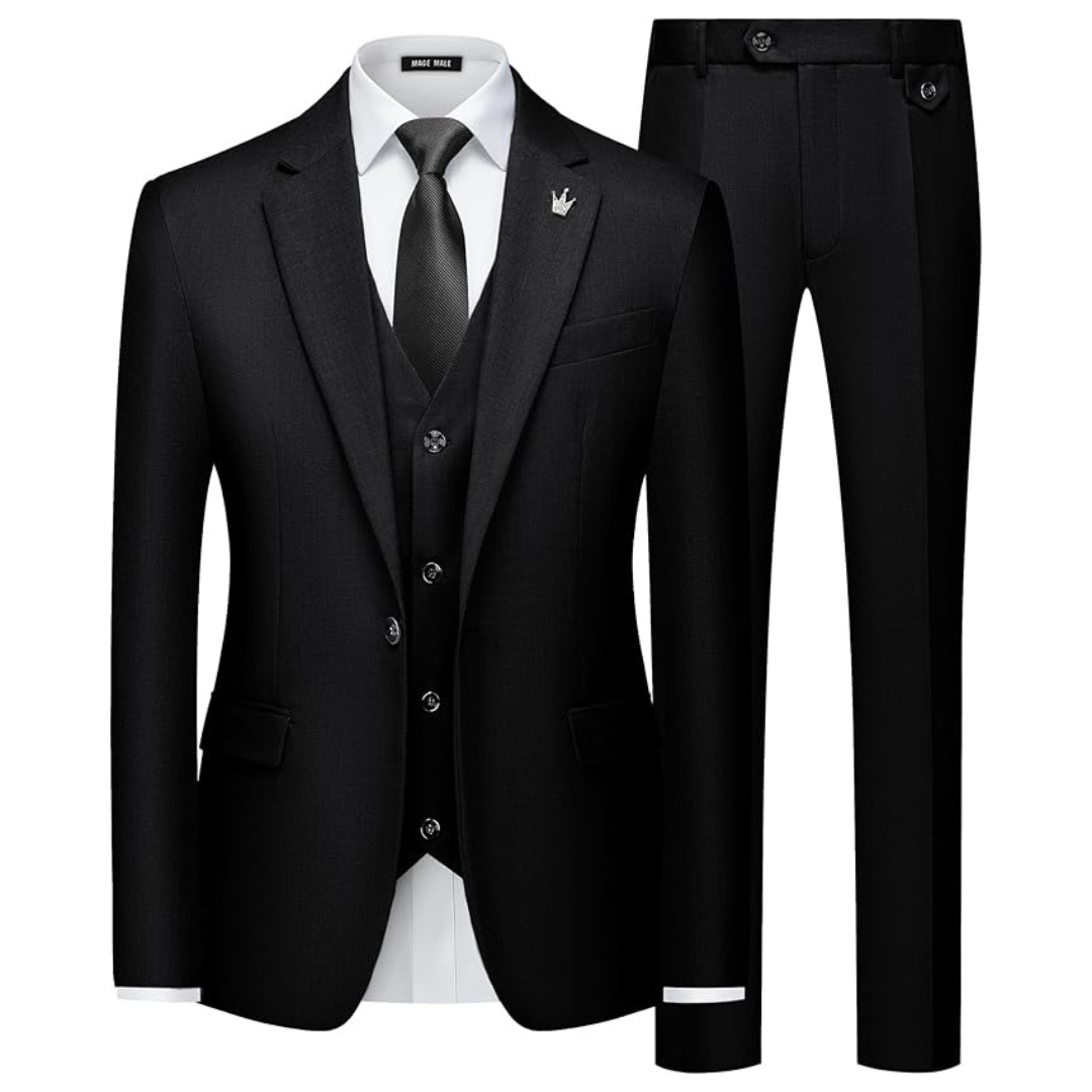 3-Piece Mage Male Men's Suits Slim Fit Tuxedo Suit With Tie (Black)